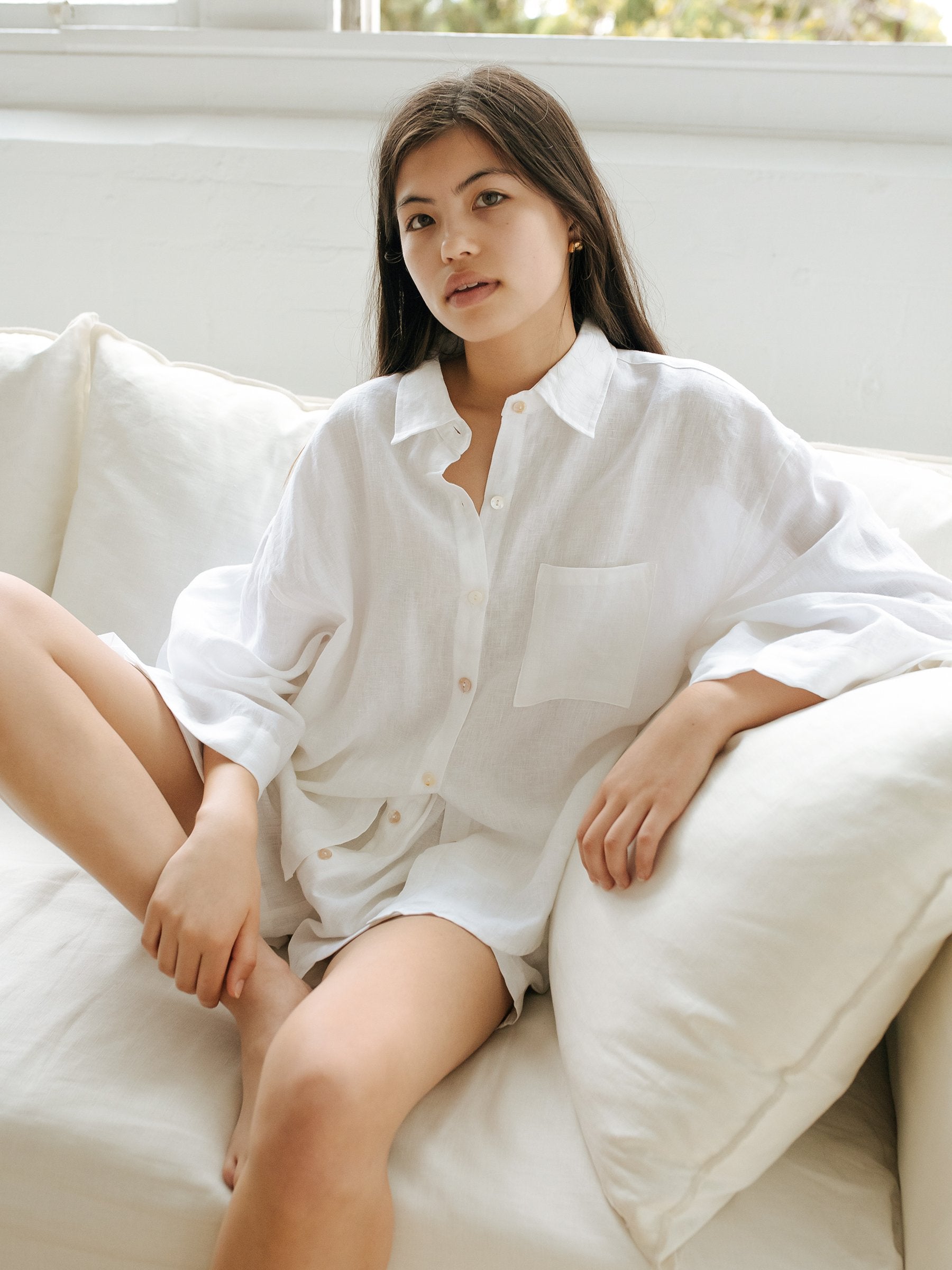 Deiji Studios | 03 Linen Loungewear Set Short in White | The UNDONE