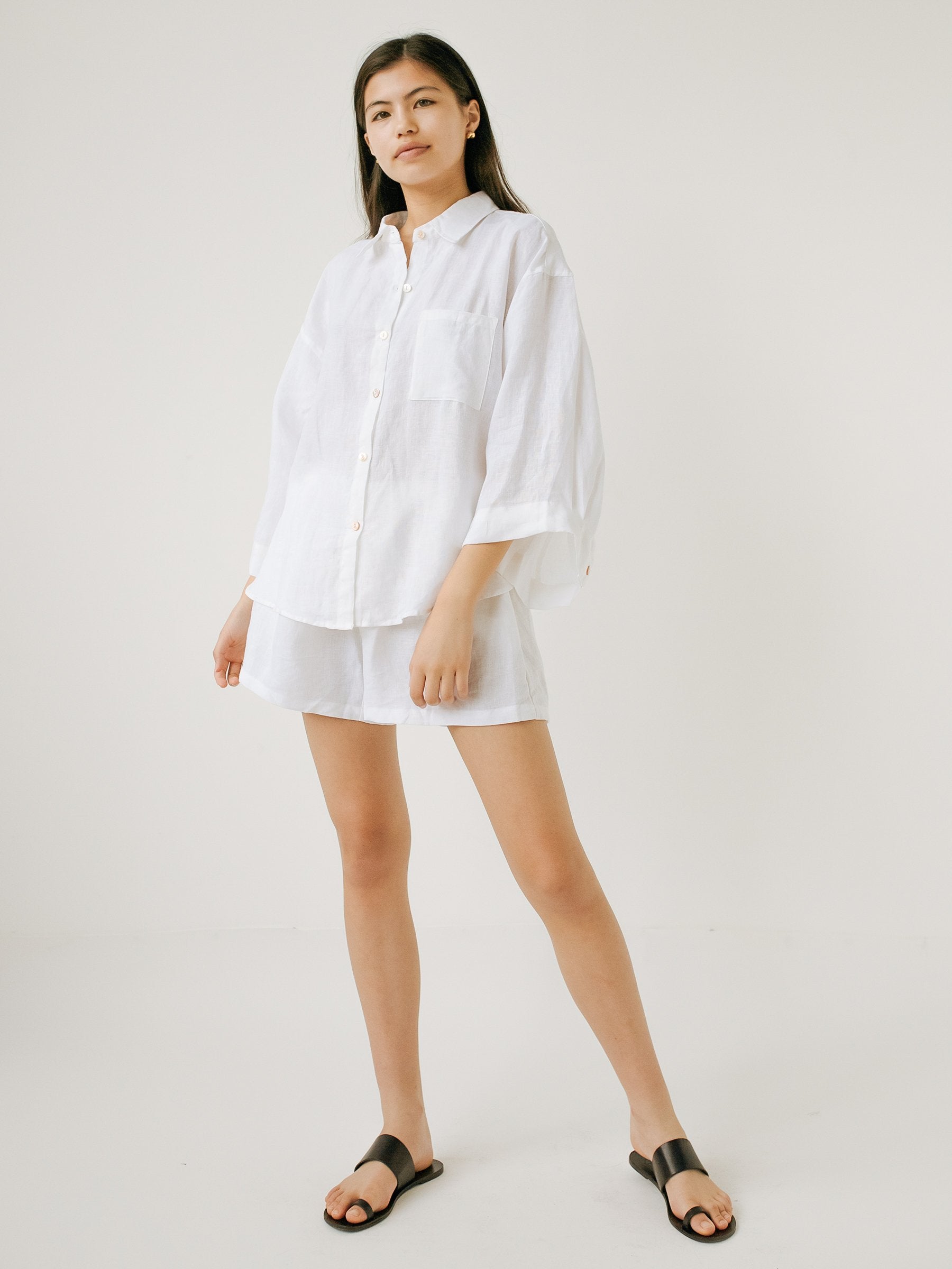 Deiji Studios | 03 Linen Loungewear Set Short in White | The UNDONE